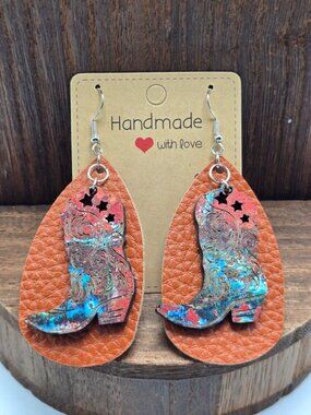 NWT Wood Cowboy Boot Earrings Pierced Faux Leather Western Dangle Drop OOAK